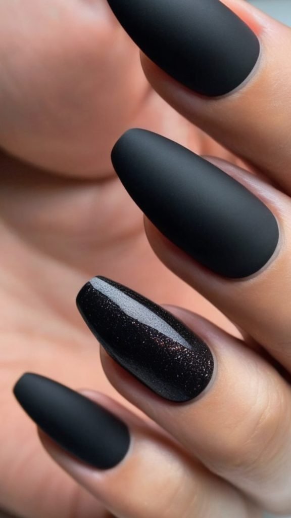 Matte Black & Glossy Tips Nail Design